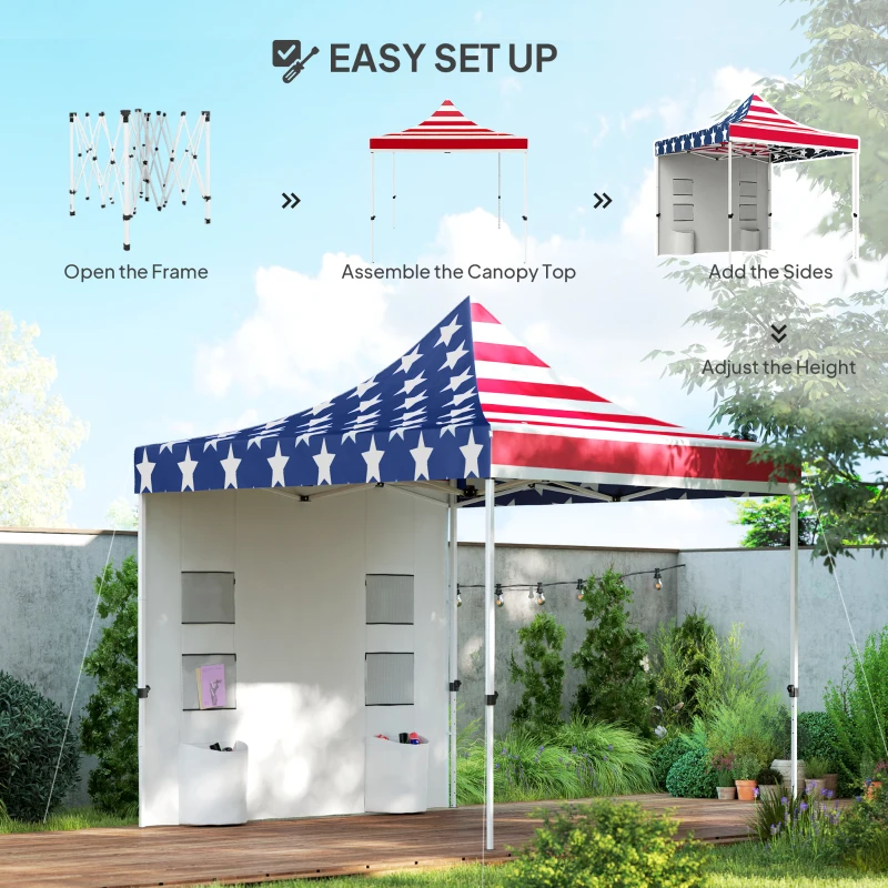 Outsunny 10' x 10' Heavy Duty Pop Up Canopy Tent with Sidewall, UPF50+ Instant Sun Shelter with Storage Pockets, American Flag