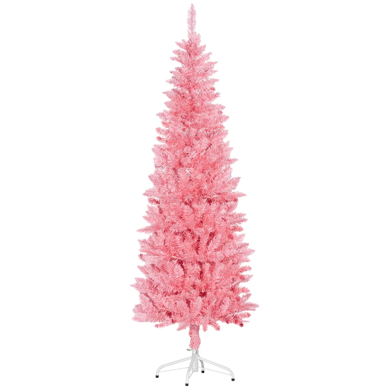 HOMCOM 6ft Tall Pencil Artificial Christmas Tree with 479 Branch Tips with Steel Base, Pink