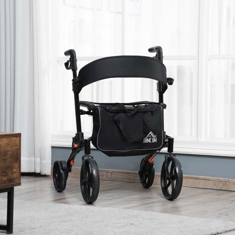 HOMCOM Aluminum Rollator Walker for Seniors and Adults with 10'' Wheels FSA HSA Eligible, Seat and Backrest, Folding Rolling Walker with Adjustable Handle and Storage Bag, Support up to 300lbs, Black