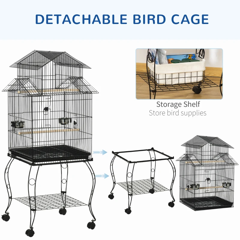 PawHut 53.9'' Large Rolling Steel Bird Cage Bird House with Detachable Rolling Stand, Storage Shelf, Wood Perch, Food Container, Black