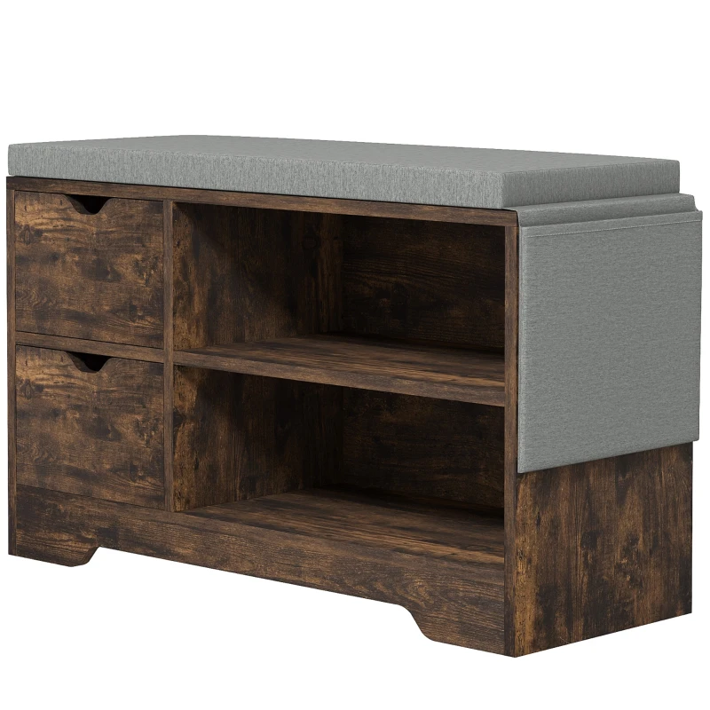 HOMCOM Upholstered Shoe Storage Bench w/ Seat, Entrance Bench w/ Drawer Open Shelves and Pocket for Hallway, Rustic Brown