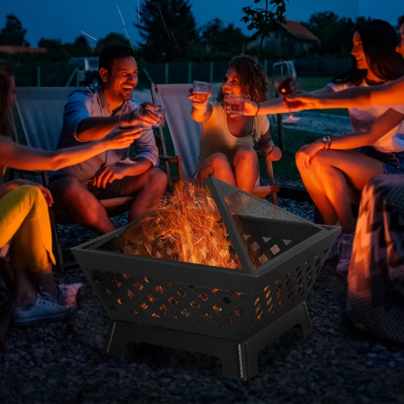 Outsunny 26 Inch Outdoor Fire Pits, Bonfire Wood Burning Firepit Bowl, Camping Fire Pit with Spark Screen Cover, Poker for Patio, or Backyard, Black