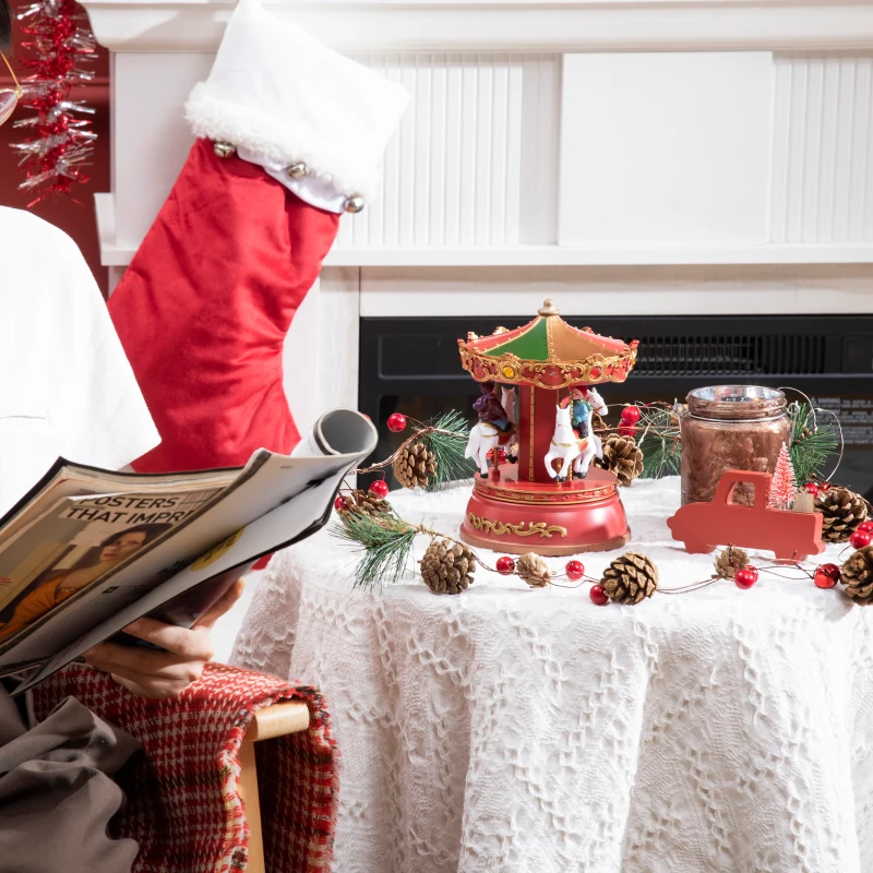 HOMCOM Carousel Music Box with LED Light, Figurine, 3-Horse Musical Carousel, Battery Operated Merry Go Round for Anniversary Birthday Christmas