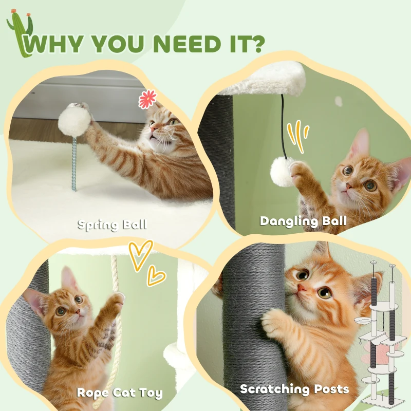 PawHut 89"- 100" Floor to Ceiling Cat Tree with Scratching Posts, Hammock, Perches & Toy Balls, White