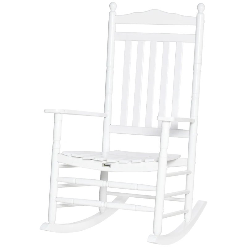 Outsunny Wooden Outdoor Rocking Chair, Patio Rocking Chair with Slatted High Back and Armrests for Porch, Garden, Lawn, White