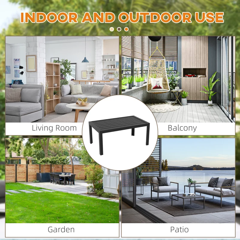 Outsunny Outdoor Coffee Table, Rectangular Patio Side Table with Steel Frame and Slat Tabletop for Garden, Balcony, Black