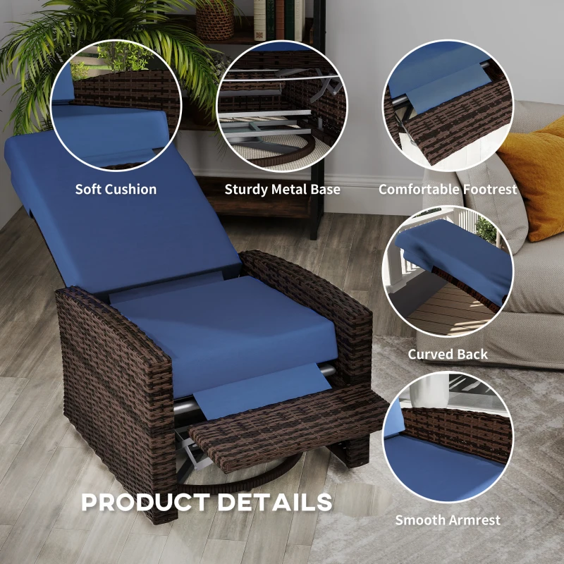Outsunny Outdoor Wicker Swivel Recliner Chair, Lifting Footrest, 360° Rotating Basic, Water-resistant Cushions, Dark Blue