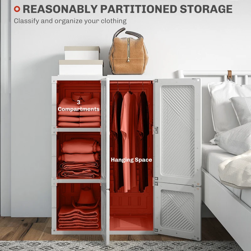 HOMCOM Portable Wardrobe, Foldable Clothes Storage Organizer with 3 Compartments, Hanging Rod, Magnet Doors, White