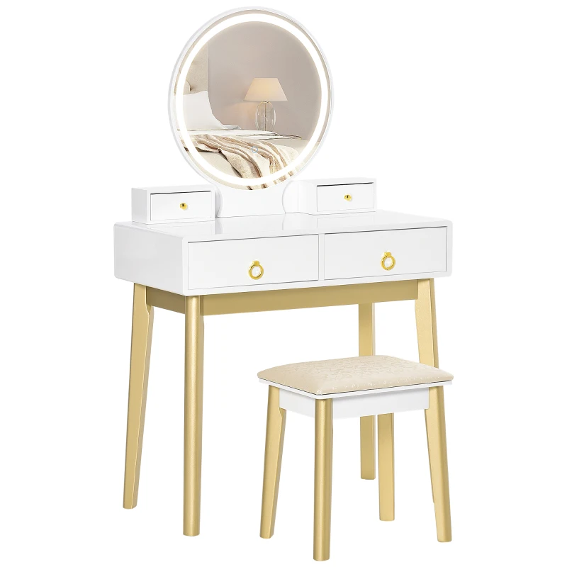 HOMCOM Makeup Vanity Table Set with Round Mirror, Built-in 3 Color LED Light, Dressing Desk with 4 Drawers and Cushioned Stool for Bedroom, White
