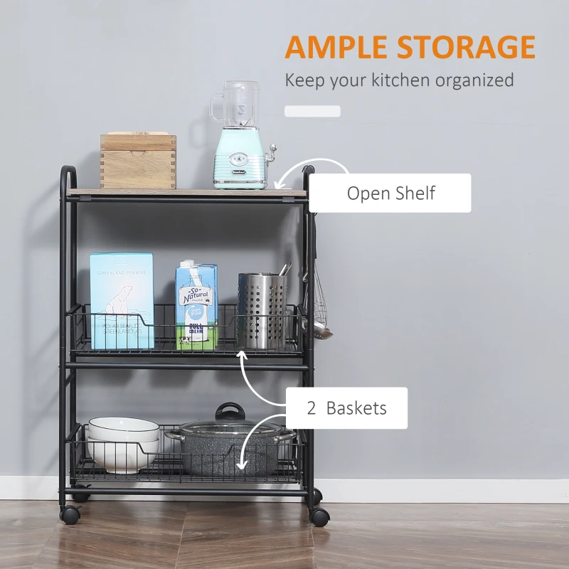 HOMCOM 3 Tier Kitchen Cart with Storage, Rolling Kitchen Island Cart with 2 Sliding Fruit Basket and Side Hooks for Dining Room, Oak