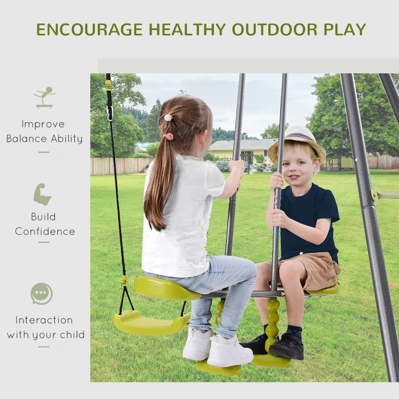 HOMCOM 3 in 1 Kids Metal Swing Set for Backyard with Swing Seat, Glider and Climbing Ladder, Heavy Duty Metal Frame for 4 Children