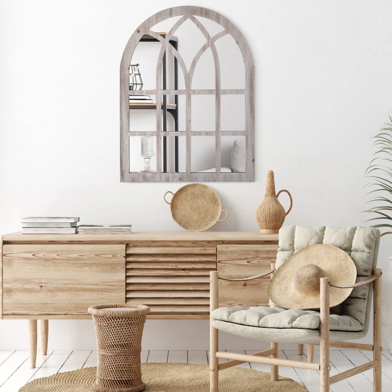 HOMCOM 41" x 31.5" Large Rustic Wall Mirror, Arch Window Mirror for Wall Decor in Living Room, Bedroom, Entryway, Natural