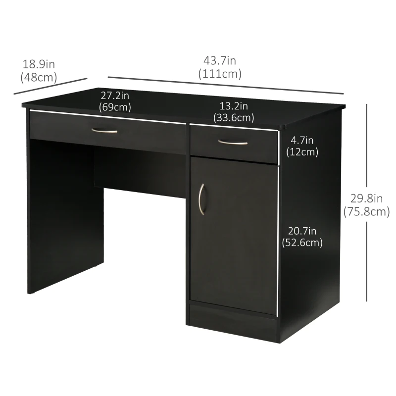 HOMCOM Computer Desk with Storage Drawers, Study Writing Table with Cabinet Adjustable Shelf for Home Office Workstation Bedroom, Black