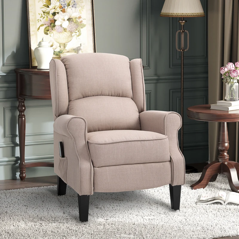 HOMCOM Vibration Massage Recliner Chair for Living Room with Heat,  Wingback Single Sofa, Modern Linen Fabric Push Back Reclining Chair with Footrest, Side Pocket, Dark Beige