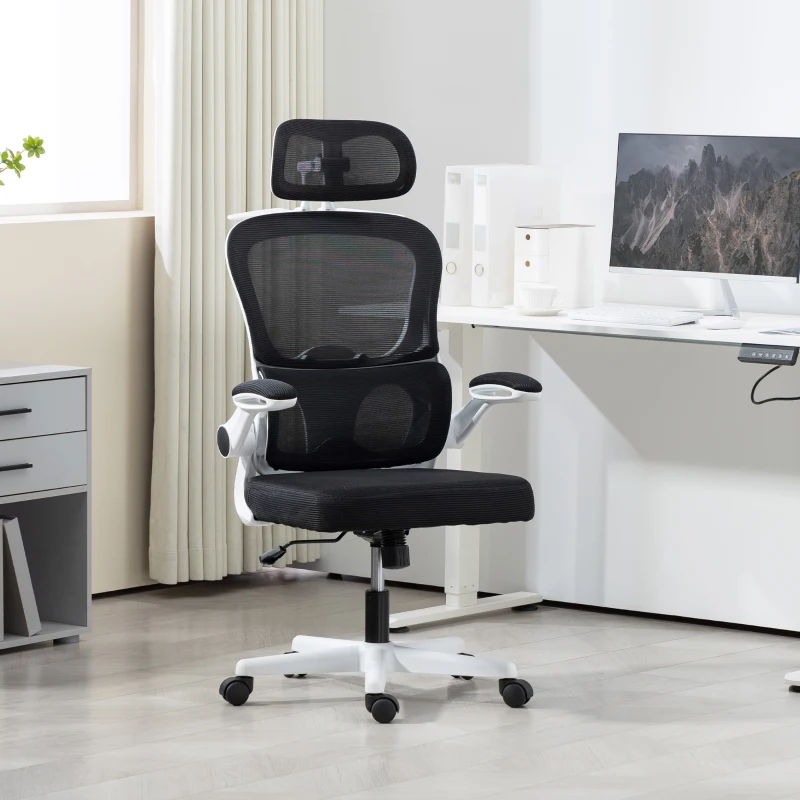 HOMCOM Mesh Office Chair, Ergonomic Desk Chair with Flip-up Armrest, Rotatable Headrest, Adjustable Lumbar Support, Black