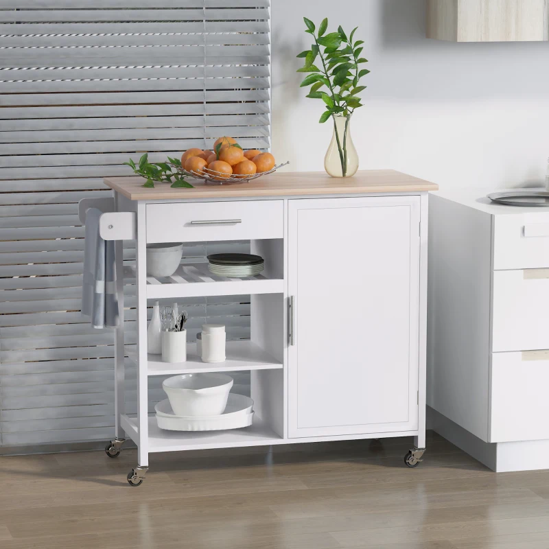 HOMCOM Rolling Kitchen Island with Storage, Kitchen Cart with Solid Wood Countertop, Drawer, Adjustable Shelf and Wine Rack, White