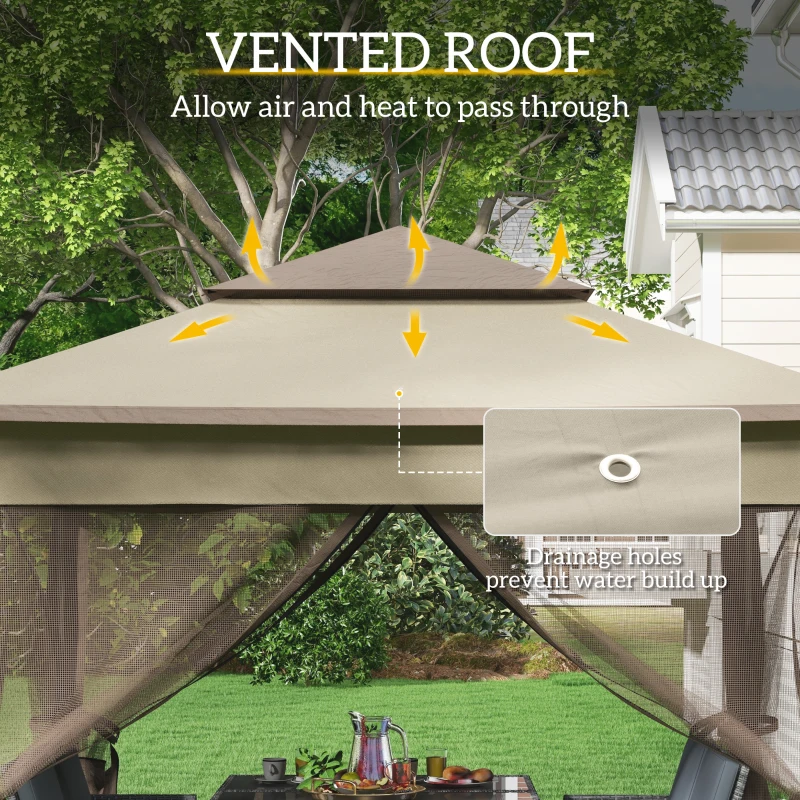 Outsunny 11' x 11' Pop Up Canopy, Outdoor Patio Gazebo Shelter with Removable Zipper Netting, Instant Event Tent w/ 114 Square Feet of Shade and Carry Bag for Backyard, Garden, Khaki