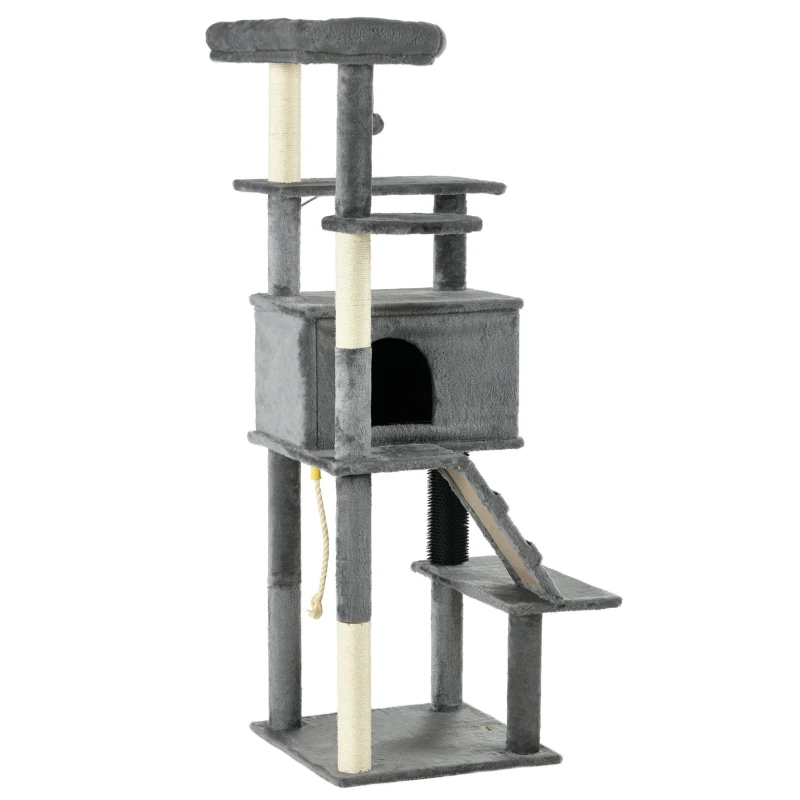 PawHut Cat Tree for Large Cats Adult, 58" Tall Cat Tree with Scratching Posts, Large Cat Tower for Indoor Cats with Bed, House, Toys, Grey