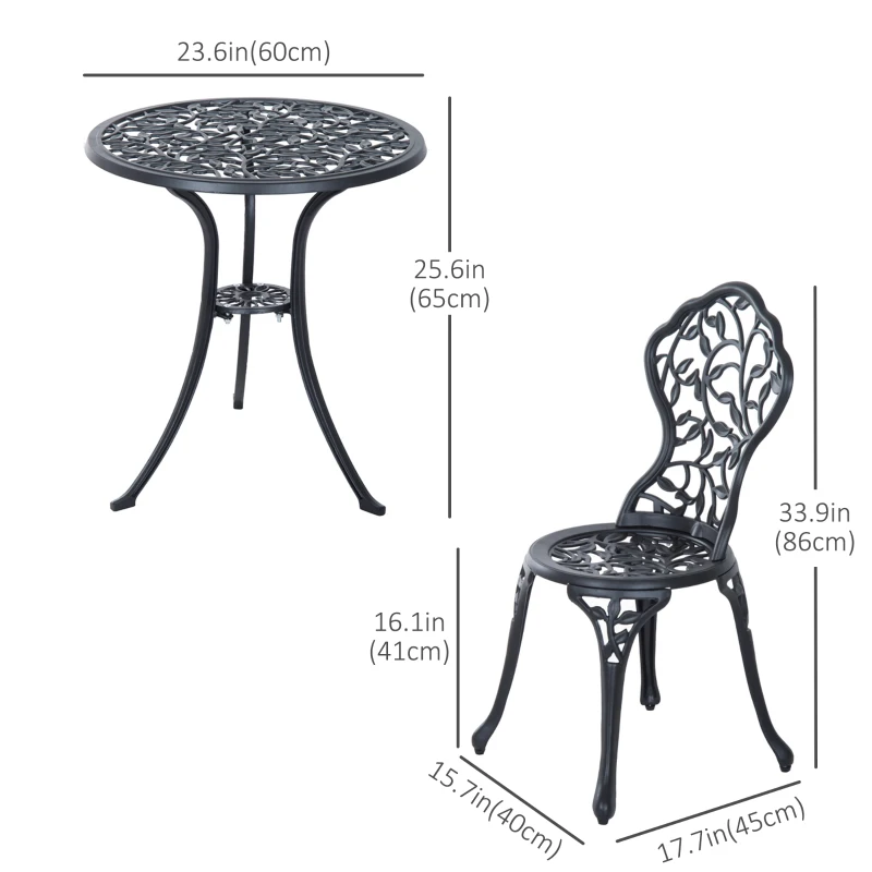 Outsunny 3 Pieces Bistro Set, Patio Table and Chairs with Cast Aluminum Frame for Garden, Balcony, Porch, Black