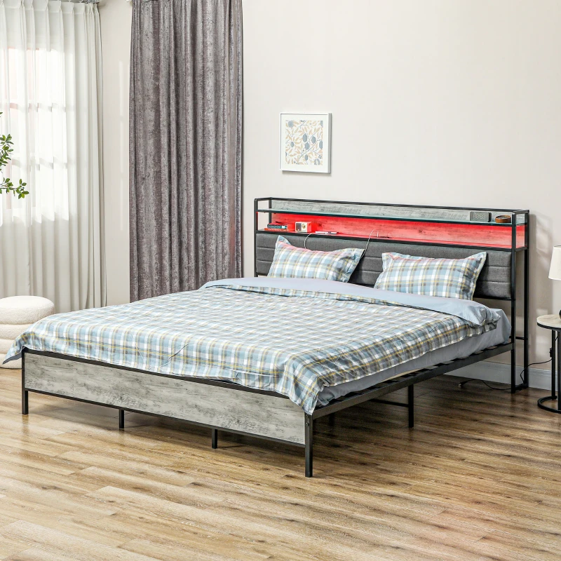 HOMCOM King Bed Frame with Storage Upholstered Headboard, King Size Bed Frame with LED Lights, Charging Station, Cement Gray