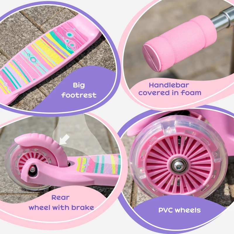 Aosom Kick Scooter for Kids, Foldable Children's Scooter with 3 Wheels, Adjustable Height, and Flashing LED for Boys and Girls, Pink