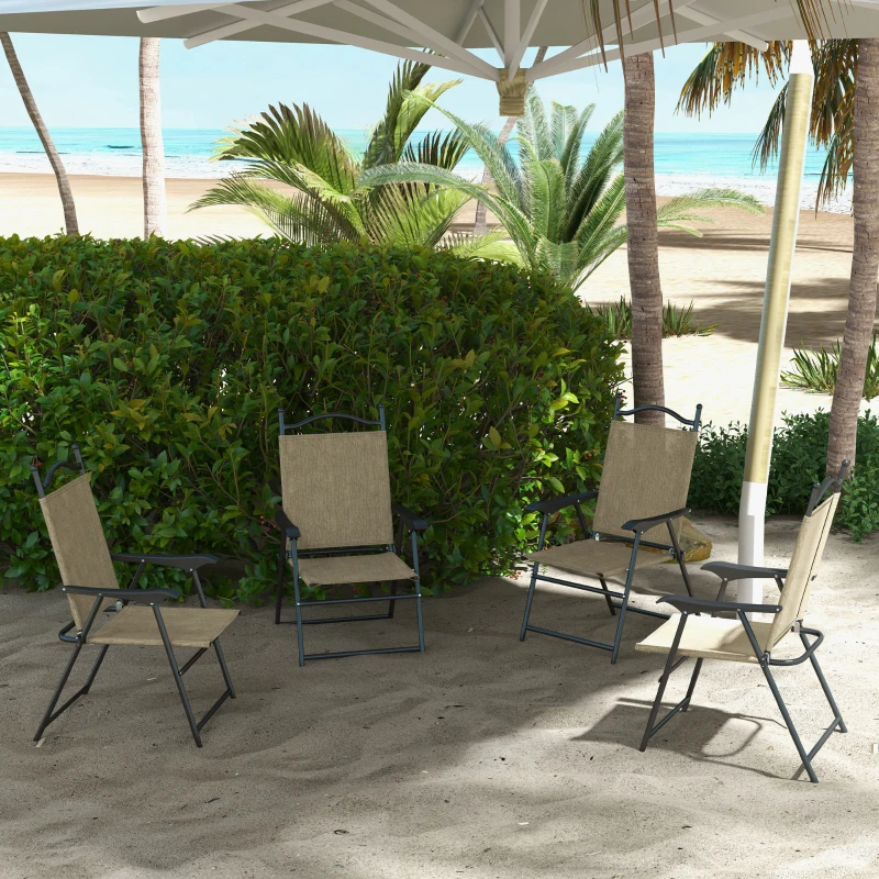 Outsunny 4 Piece Folding Patio Camping Chair Set, Sports Chairs for Adults with Armrests, Mesh Fabric Seat for Lawn, Beige