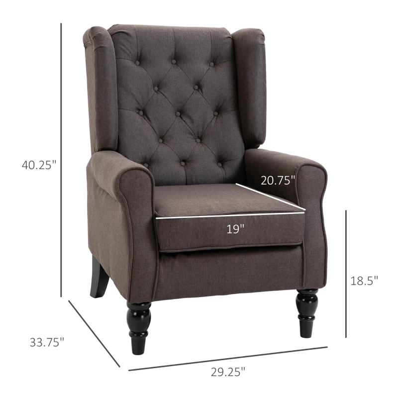 HOMCOM Wingback Accent Chair for Living Room, Button-Tufted Lounge Chair with Round Armrests and Wood Legs, Dark Brown