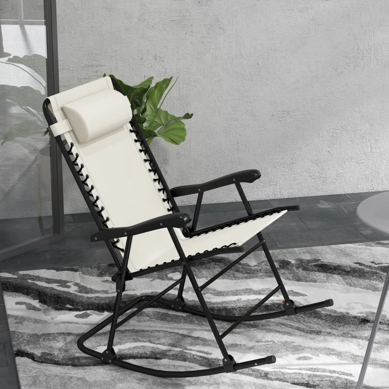Outsunny 2pc Patio Foldable Rocking Chair Set w/ Breathable Mesh Seat & Backrest, Headrest for Park, Backyard, Garden, Cream