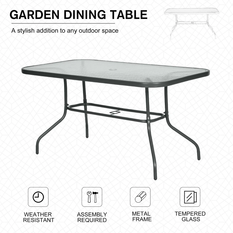 Outsunny Metal Garden Dining Table with Umbrella Hole, Outdoor Patio Table with Tempered Glass Top, 55" x 31.5"