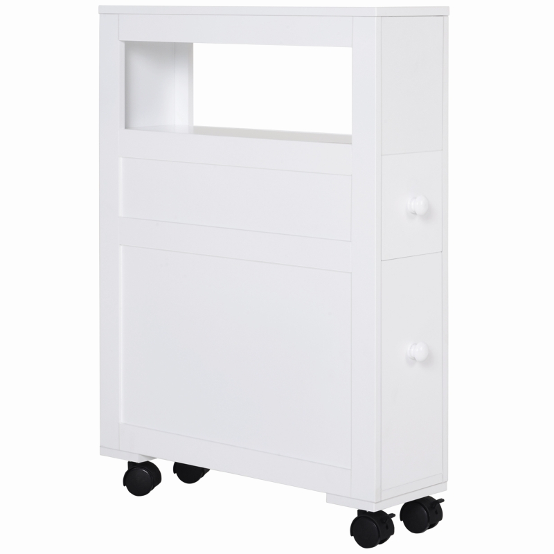 HOMCOM 6.25" x 20.5" x 28.25" Wood Rolling Narrow Bathroom Side Storage Cabinet - White