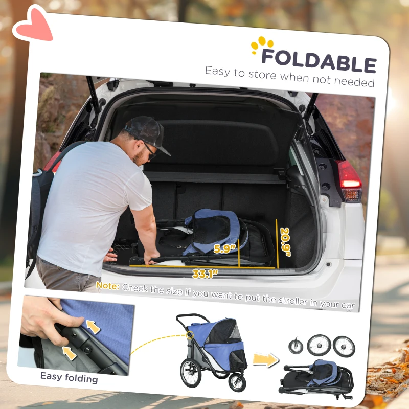 PawHut 3 Wheels Dog Stroller w/ One-Hand Fold, Rubber Wheels, Storage Bag, Soft Cushion, for Small & Medium Dogs, Blue