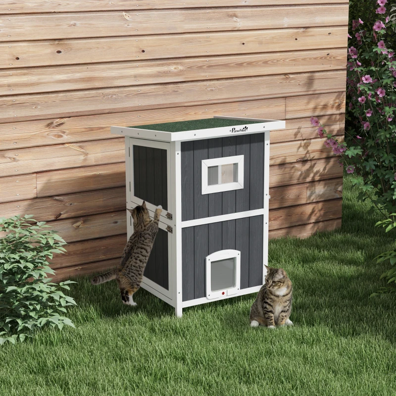PawHut Outside Cat House Wooden Feral Cat House w/ Weatherproof Roof, Removable Floor, Escape Doors, for 1-2 Cats, Gray