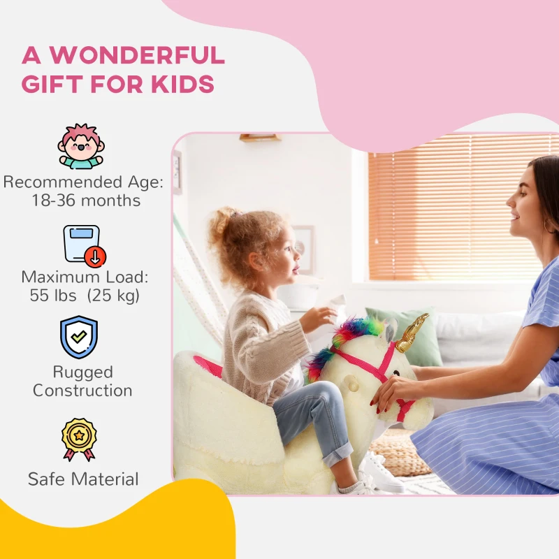 Qaba Kids Rocking Horse, Unicorn with Realistic Sound, Safety Belt & Wooden Base for 18-36 Months