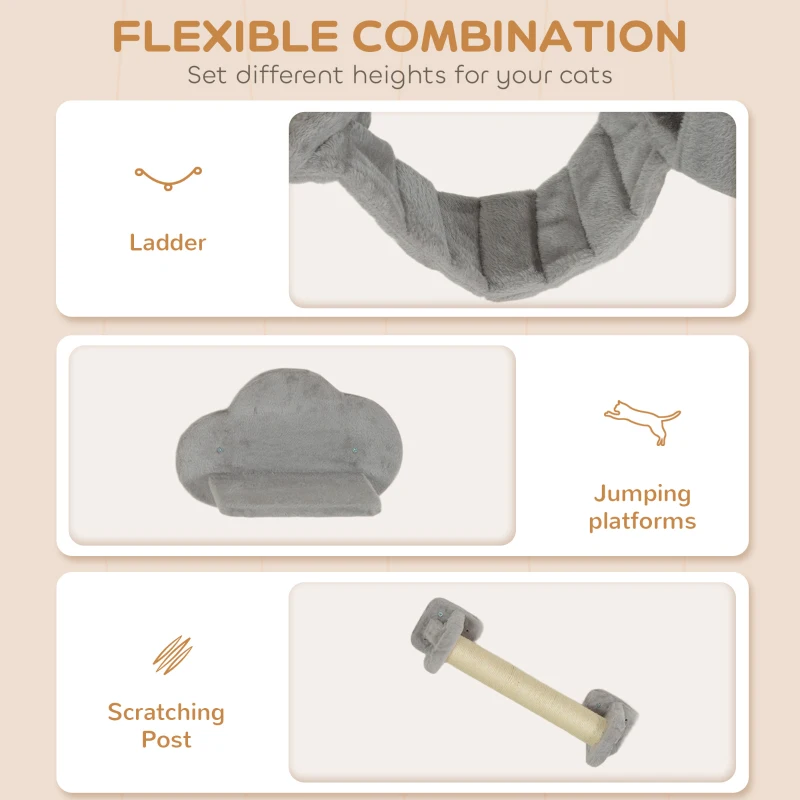 PawHut 4 Piece Cat Wall Shelves with Scratching Post, Ladder, Condo, Jumping Platforms, Light Grey