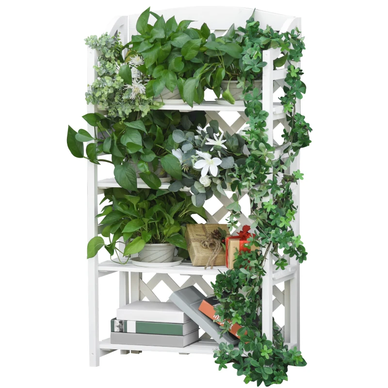 Outsunny Wooden Rustic 4-Tier Foldable Plant Stand with Adjustable Slatted Shelves Indoor & Outdoor Display Rack Plant Pot Organizer White 67 x 33 x 123 cm