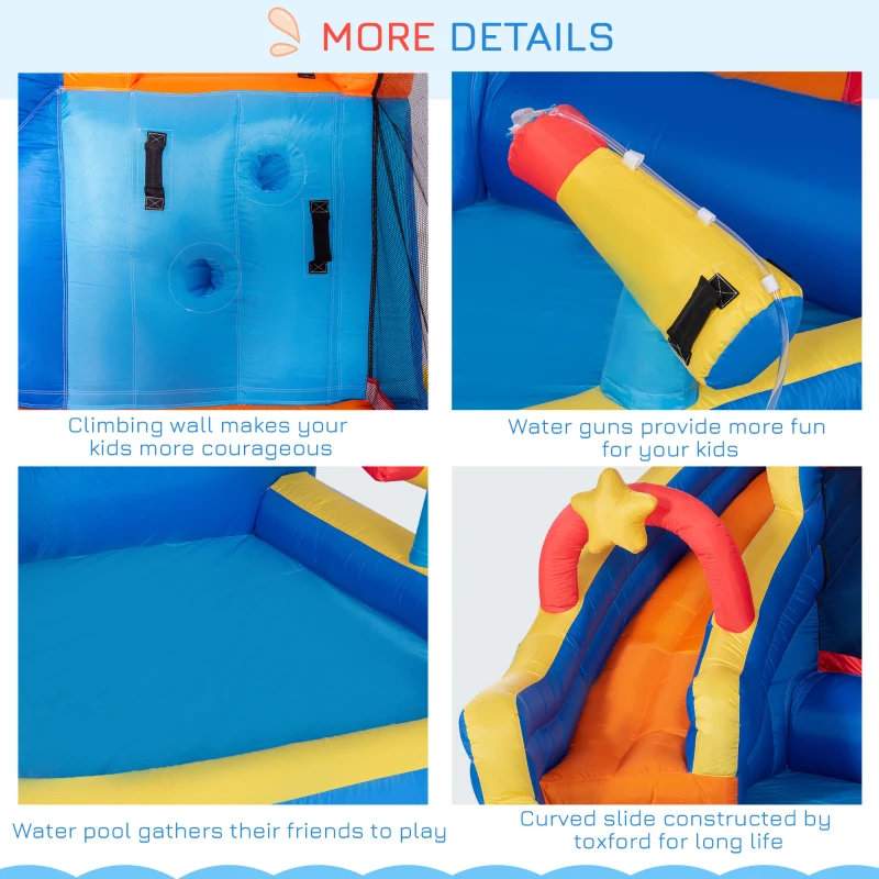 Outsunny 5-in-1 Water Slide Kids Inflatable Bounce House Space Theme Water Park Includes Slide Trampoline Pool Cannon Climbing Wall with Carry Bag, Repair Patches without Air Blower