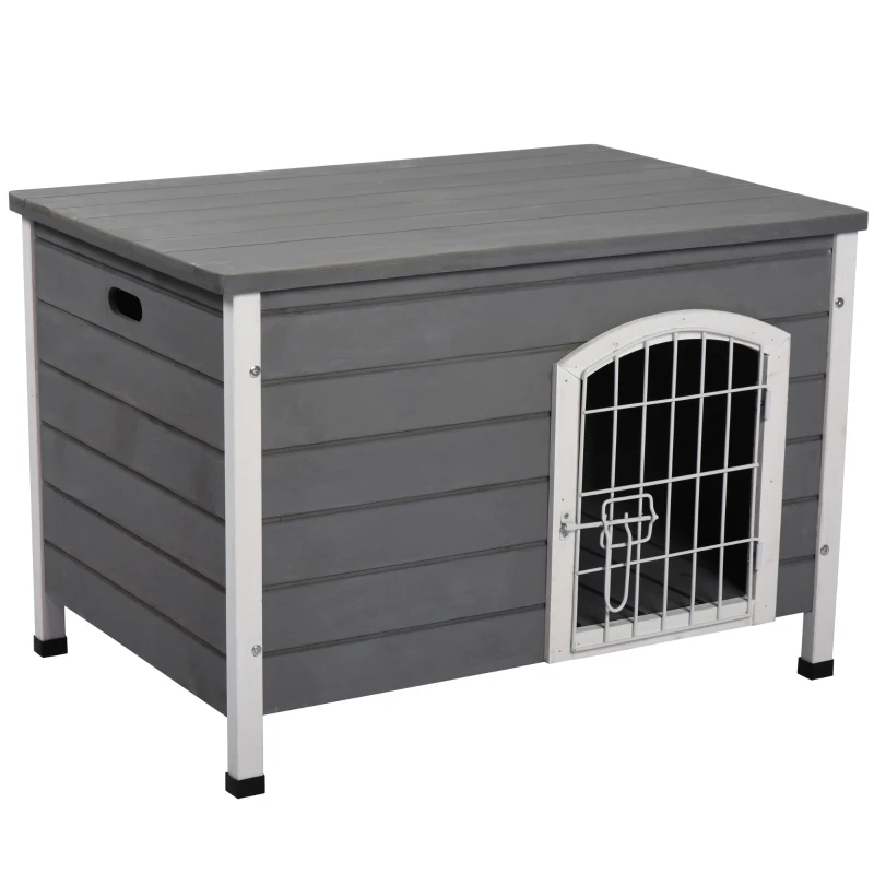 PawHut 31" Folding Dog House, Portable Pet Crate Kennel, Wooden Wire Cage for Miniature and Small Sized Dogs with Lockable Doors Open Top Removable Tray, Grey