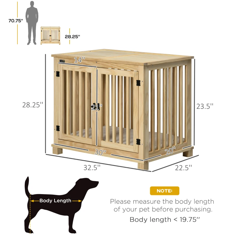 PawHut Wooden Dog Crate Furniture with Soft Cushion, Dog Crate End Table with Double Doors, Indoor Pet Crate for Small Medium Dogs