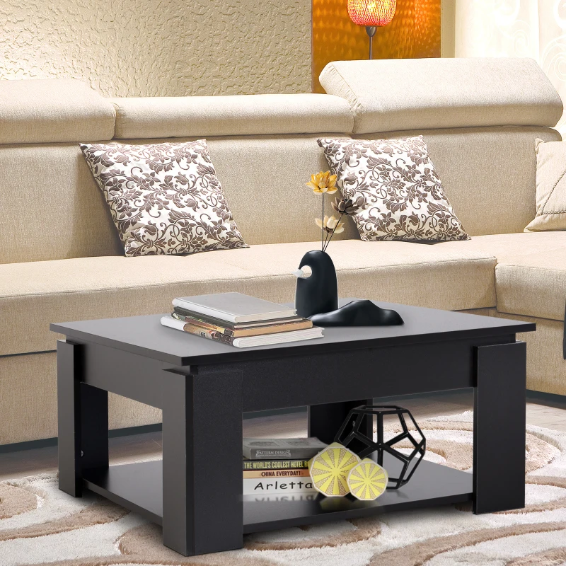 HOMCOM 2 Tier Simple Modern Coffee Table Bottom Shelf Living Room Black