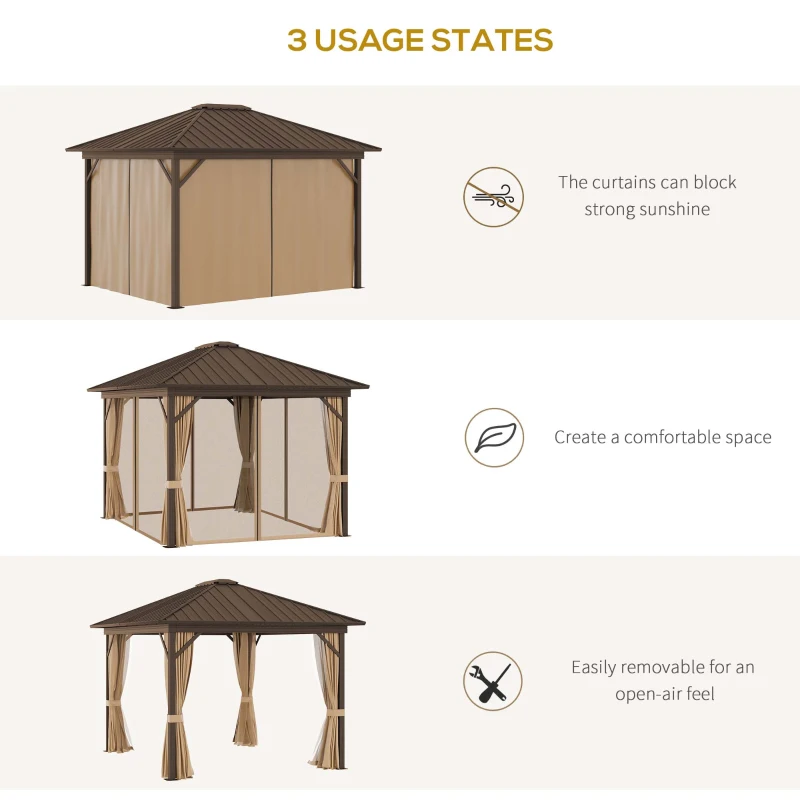 Outsunny 10' x 12' Outdoor Hardtop Gazebo Metal Roof Patio Gazebo with Aluminum Frame, Mesh Nettings, Curtains and Roomy Interior Space, Brown