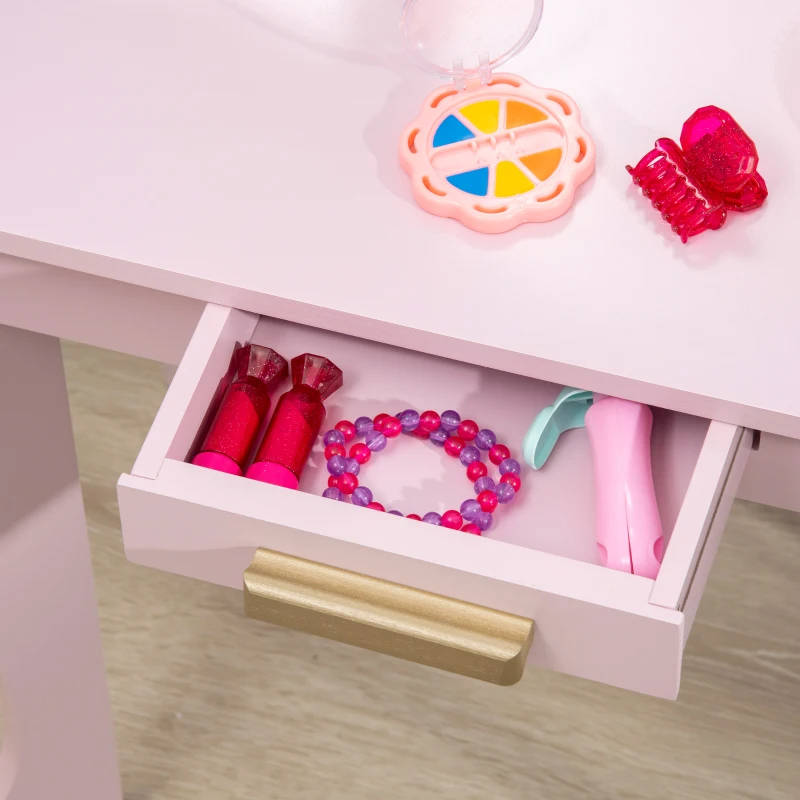 Qaba Kids Dressing Table and Chair Set, Girls Dressing Set, Makeup Desk with Drawer for 3-6 Years Old Kids, Pink