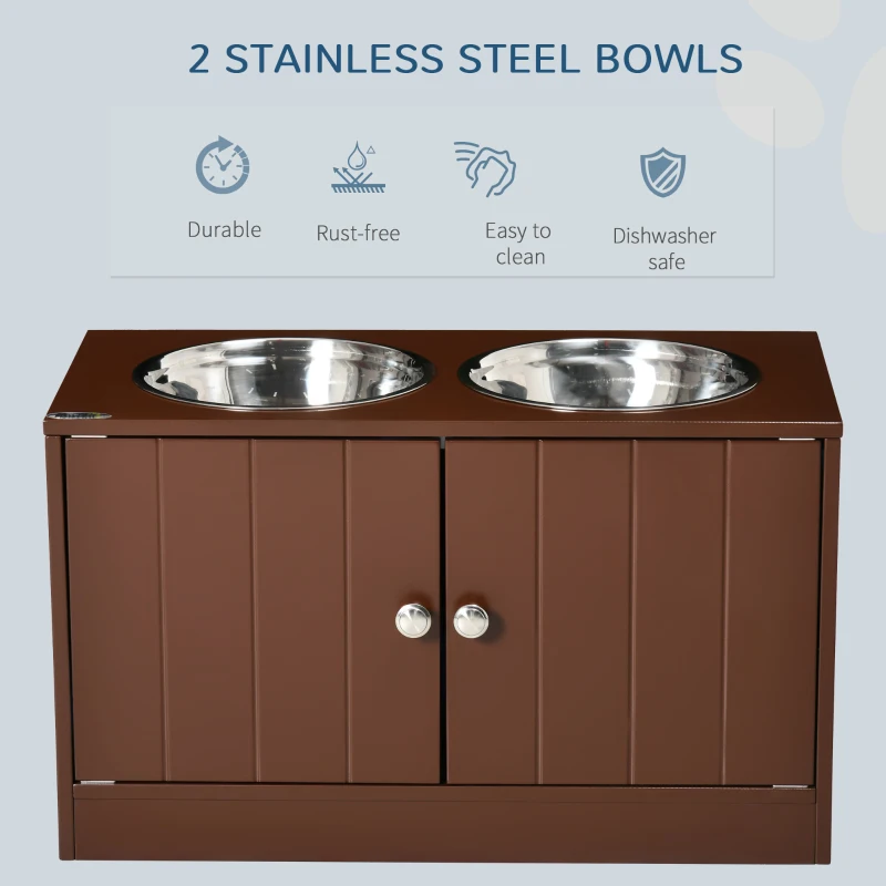 PawHut Elevated Dog Bowls with Storage Cabinet, Raised Dog Bowl Stand Pet Food Bowl Dog Feeding Station, Brown