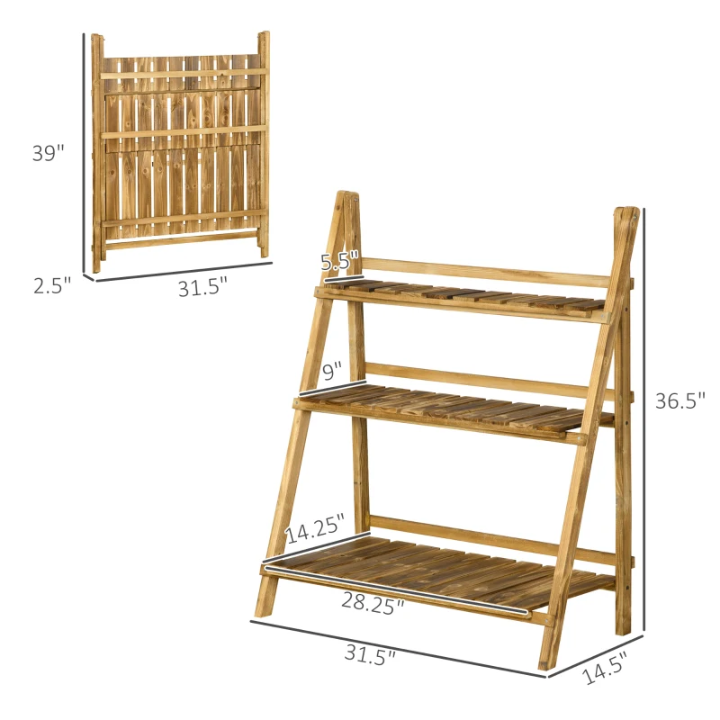 Outsunny 3-Tier Folding Plant Stand, 32'' x 15'' Wooden Indoor Plant Shelf Display Stand, for Corner Balcony Garden Patio