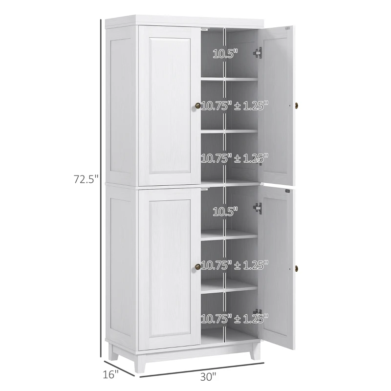 HOMCOM 72.5" Kitchen Cabinet, Pantry Storage Cabinet with 4 Doors, Adjustable Shelves for Dining Room, Distressed White