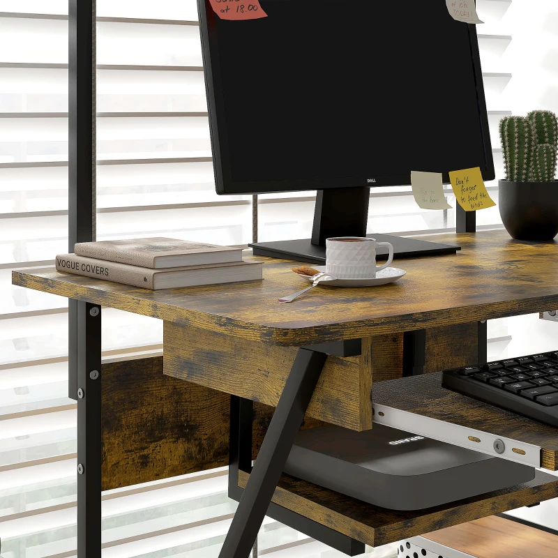 HOMCOM 32" Mobile Computer Table, Rolling Study Desk for Home Office with Keyboard Tray, Storage Shelves, Wheels, Rustic Brown