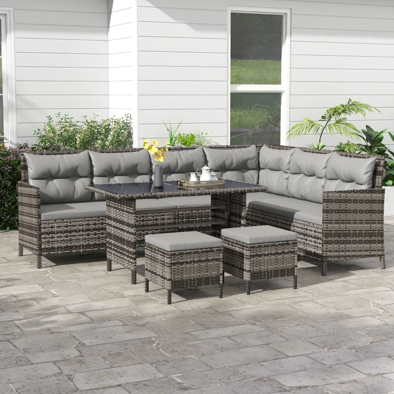 Outsunny 6pcs Outdoor Rattan Sofa Set Garden Wicker Sectional Couch Furniture Set with Dining Table and Chair Grey