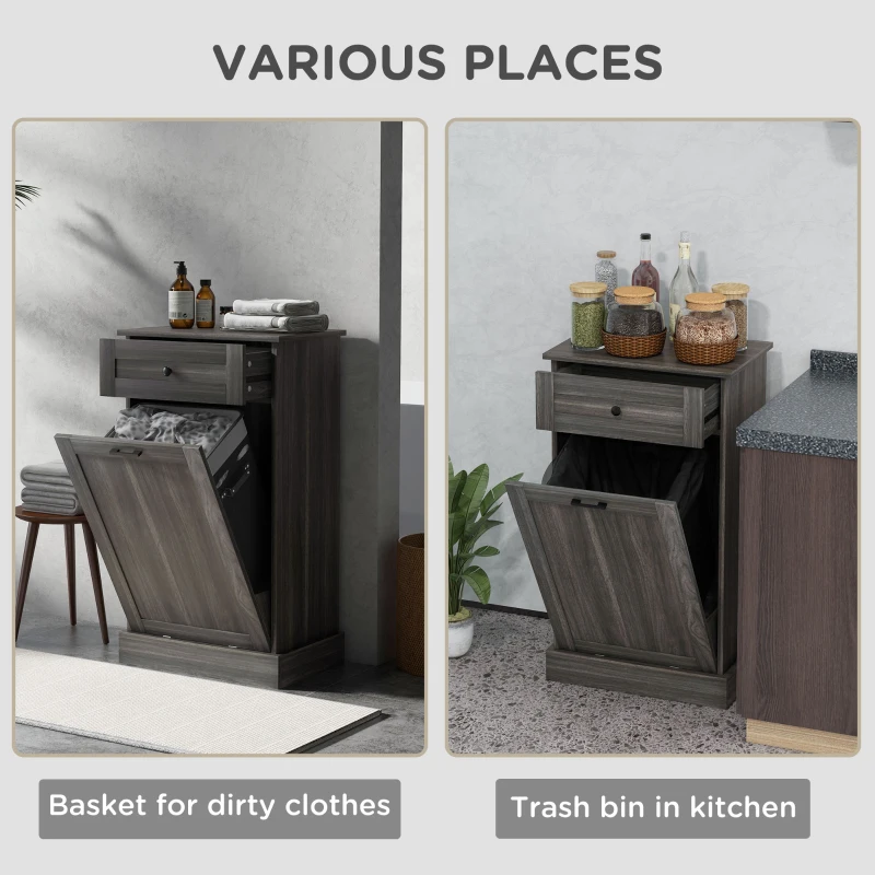 HOMCOM Kitchen Tilt Out Trash Bin Cabinet, Free Standing Recycling Cabinet, Trash Can Holder with Drawer, Charcoal Grey