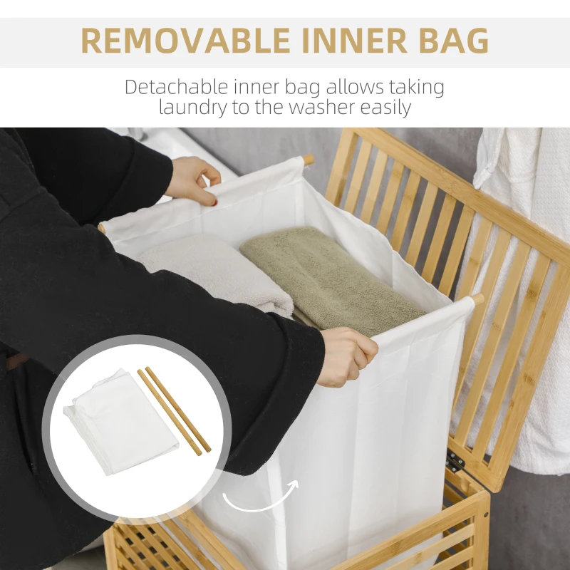 HOMCOM 55 L Bamboo Laundry Basket with Lid, Cloth Hamper with Removable Liner Bag, 19.75 x 14.25 x 23.5 Inches, Natural