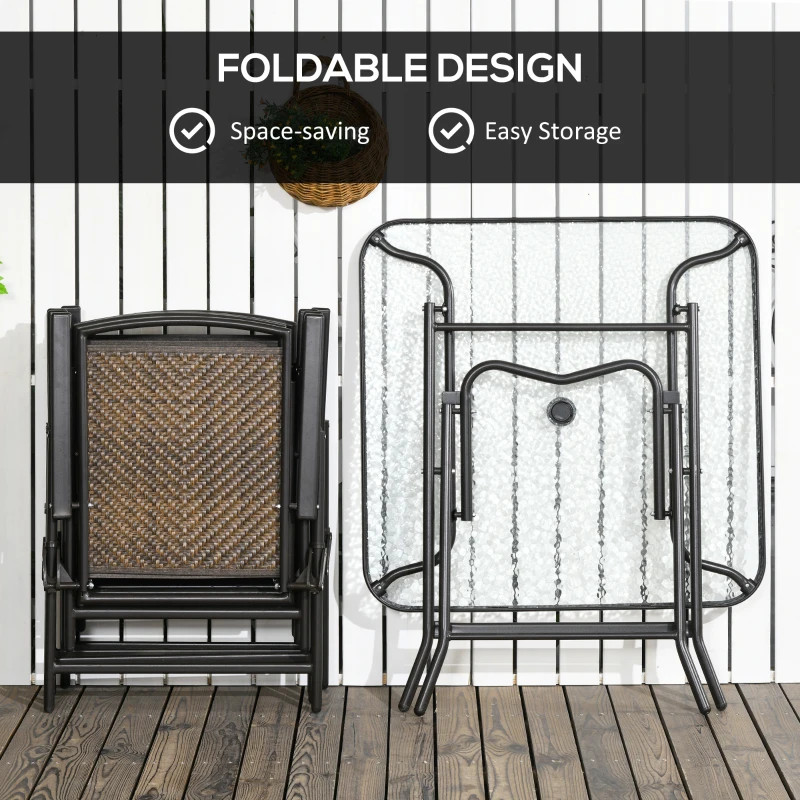 Outsunny 5 Pieces Folding Rattan Patio Table and Chairs for 4 with Umbrella Hole, Tempered Glass Top, Dark Brown