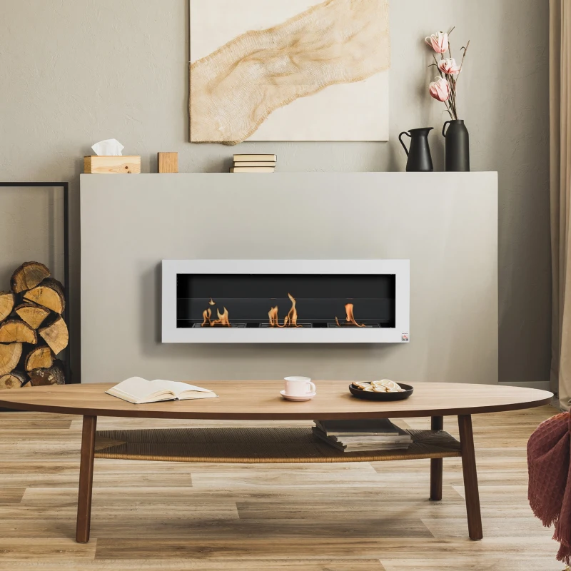 HOMCOM Ethanol Fireplace, 47.25" Wall-Mount 0.3 Gallon Steel 215 Sq Ft., Burns up to 3 Hours, White